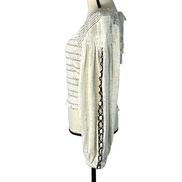 Free People Maggie Medium Embroidered Top Square Neck Smocked Puff Sleeves Ivory - Picture 6 of 12